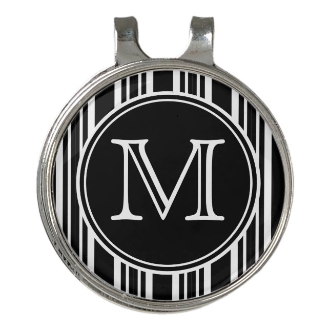 Monogram | Simple Modern Black and White Stripes Golf Hat Clip (Front)