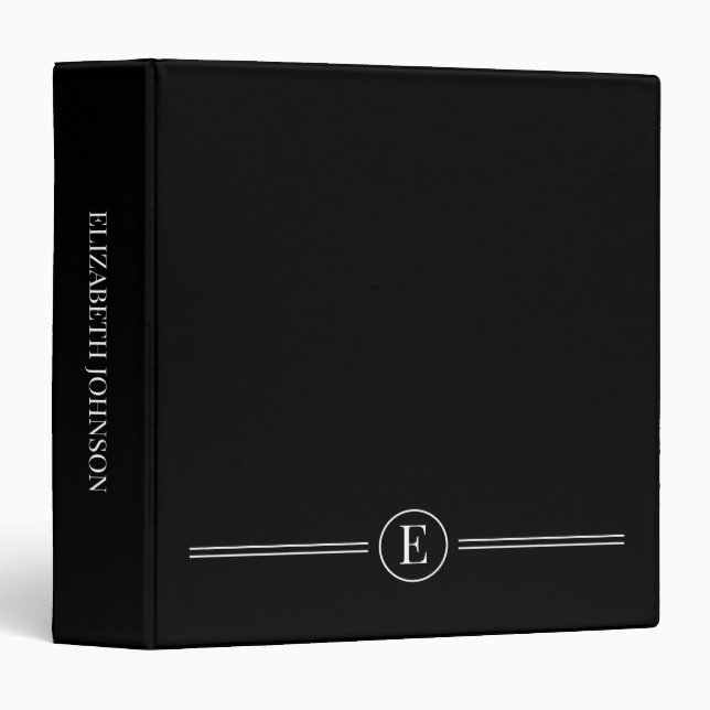 Monogram Simple Modern Black White Minimal 3 Ring Binder (Front/Spine)