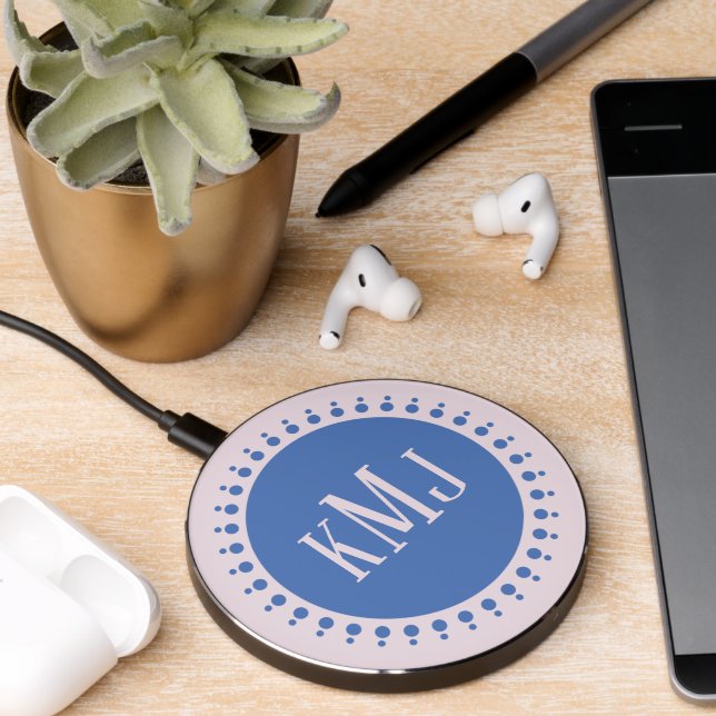 Monogram Simple Modern Blue Pink Stylish Chic  Wireless Charger (Desk 2)