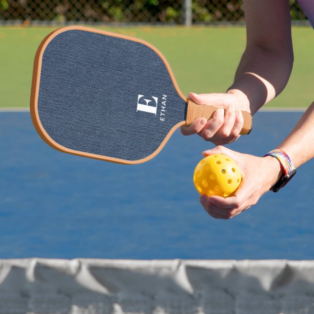 Monogram Simple Modern Dark Blue Denim Print Pickleball Paddle (Insitu)