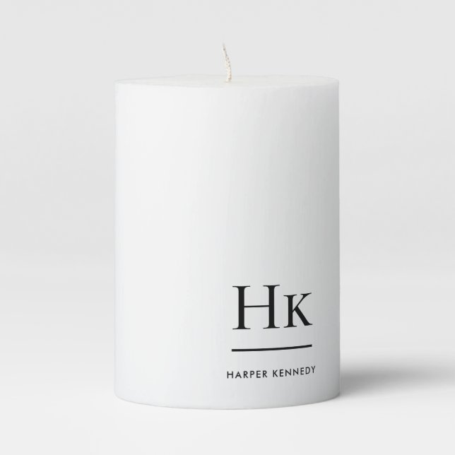 Monogram Simple Modern Elegant White Monogrammed Pillar Candle (Front)