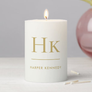 Monogram Simple Modern Ivory Gold Monogrammed Pillar Candle