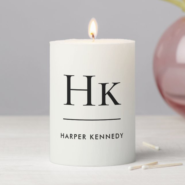 Monogram Simple Modern Ivory White Monogrammed Pillar Candle (In Situ)