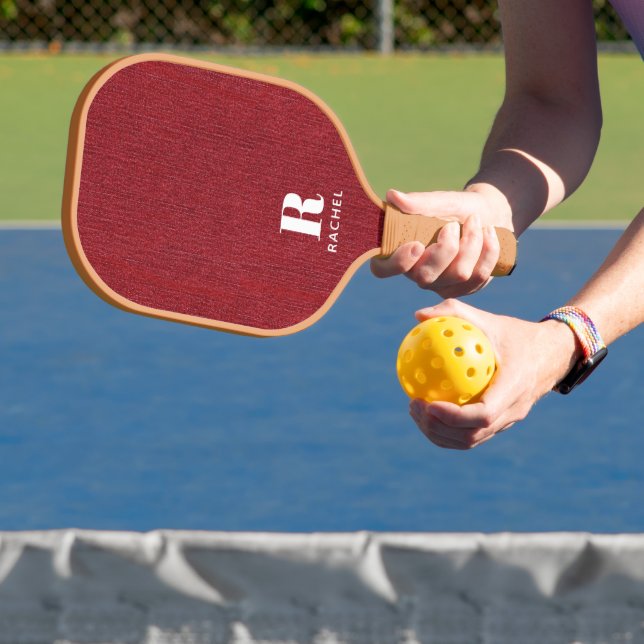 Monogram Simple Modern Ruby Red Denim Print Pickleball Paddle (Insitu)