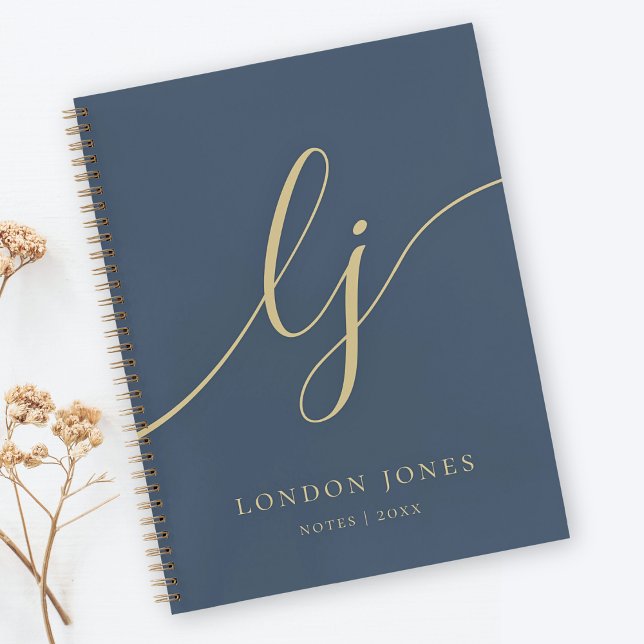 Monogram Simple Navy Blue Gold Personalized Name Notebook (Creator Uploaded)