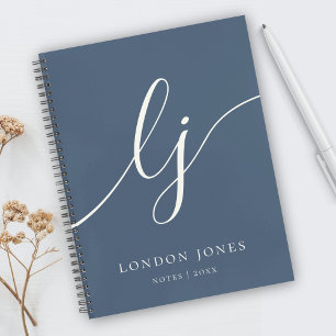 Monogram Simple Navy Blue Ivory Personalized Name Notebook