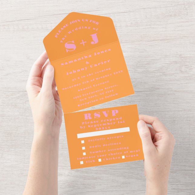 Monogram Simple Pink Orange Bold Wedding All In On All In One Invitation (Tearaway)