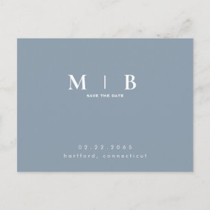 Monogram Simple Sleek Dusty Blue Save the date Announcement Postcard