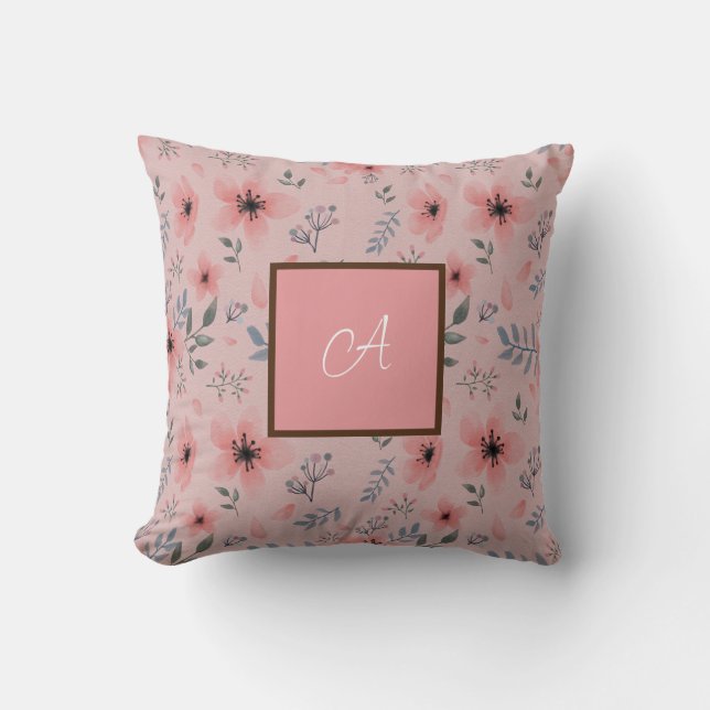 Monogram Simple Vintage Pink Flower Birthday  Throw Pillow (Front)