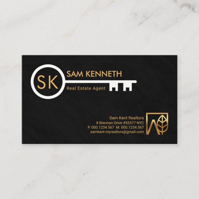 Monogram Simple White Key Black Grunge Realtor Business Card (Front)