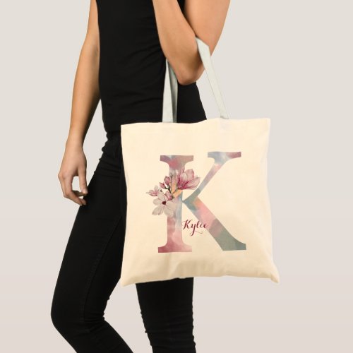 Monogram Single Letter K Pretty Watercolor Floral  Tote Bag