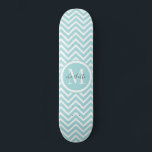 Monogram Skateboard | Pastel Blue Green Chevron<br><div class="desc">Sweet cute pastel blue green chevron or zigzag pattern and custom personalized monogram skateboard. A great gift for a girl who loves skateboarding.</div>