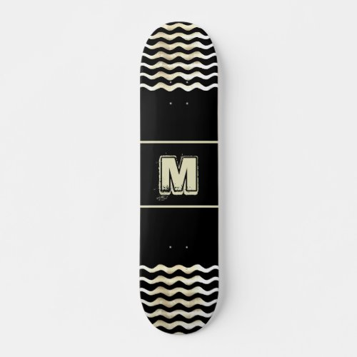 Monogram Skateboard with Waves on Black - This personalizable skateboard comes with a monogram and abstract digital waves on each side. The font, size and the color of the monogram can be changed. The background is black but you can change it too.
Modern looking skateboard.