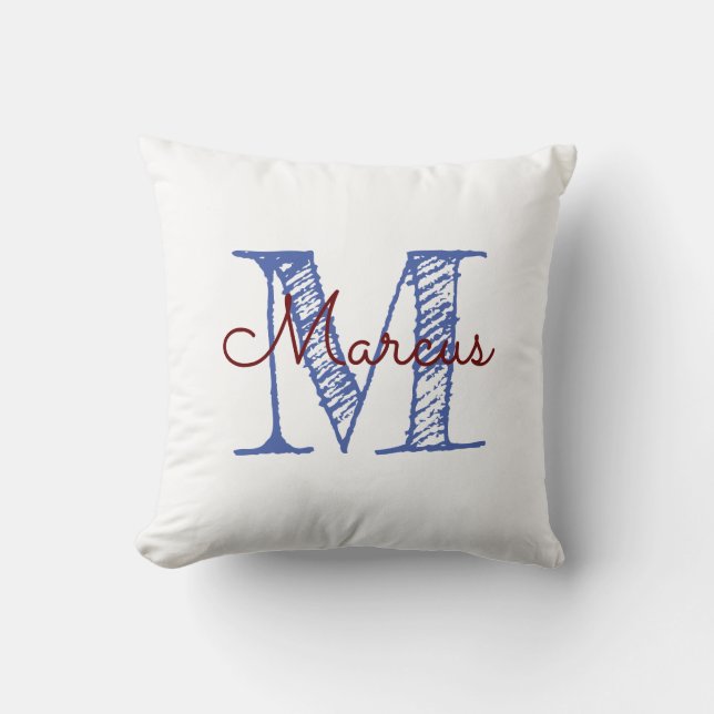 Monogram Sketched Font White Nursery Throw Pillow (Front)