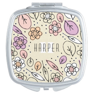Monogram Sketchy Floral Leaves 2 Square Mirror For Makeup