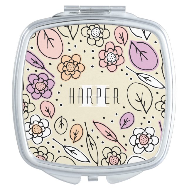 Monogram Sketchy Floral Leaves 2 Square Mirror For Makeup (Front)
