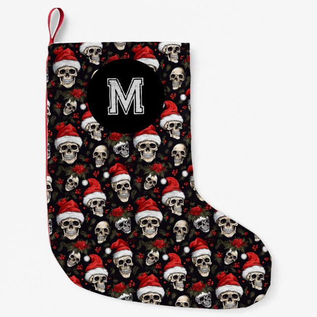 Monogram Skull Santa Xmas Gothic  Small Christmas Stocking (Front)