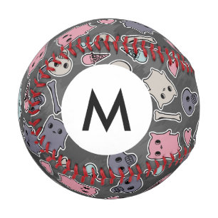 Monogram Skulls, and hearts on black background Baseball