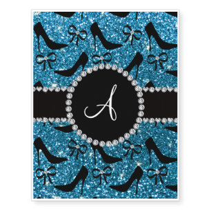Monogram sky blue glitter black high heels bow temporary tattoos