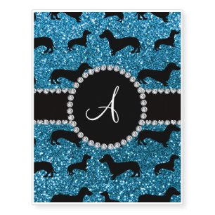Monogram sky blue glitter dachshund temporary tattoos