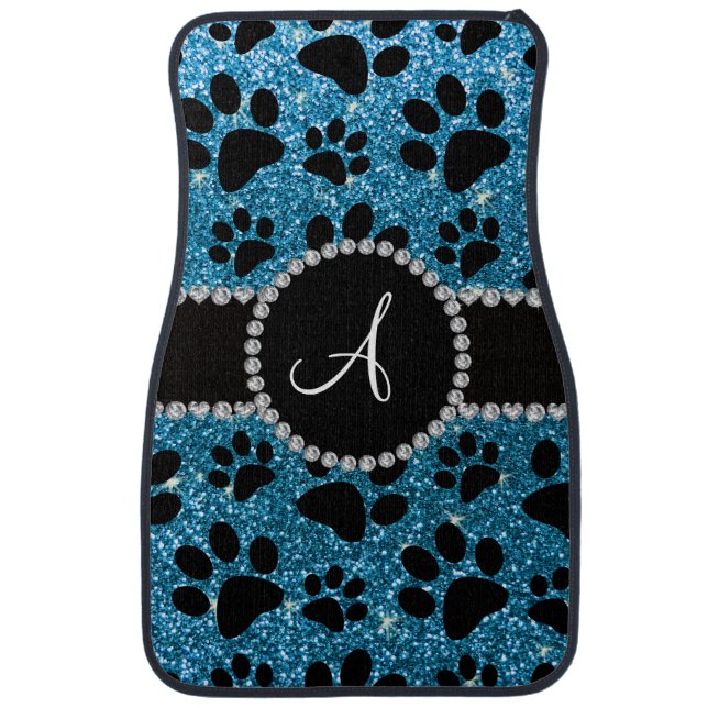 Monogram sky blue glitter dog paws car mat (Front)
