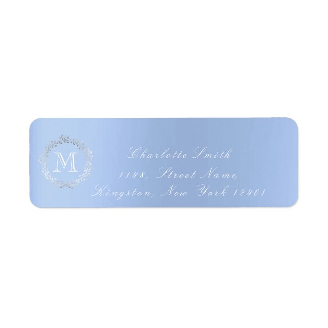 Monogram Sky Blue Gray Silver Wreath Blush RSVP Label (Front)