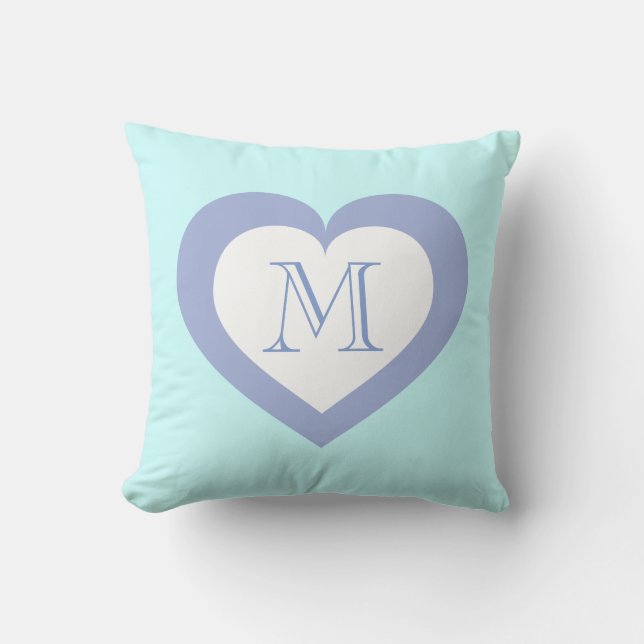 Monogram sky blue heart pattern throw pillow (Front)