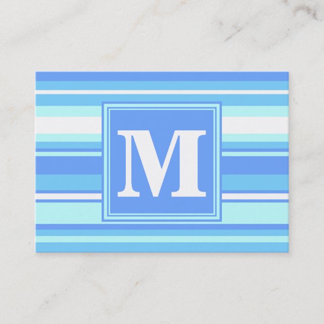 Monogram sky blue stripes business card (Front)