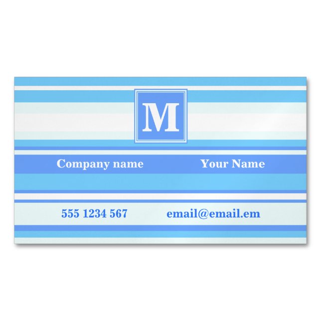 Monogram sky blue stripes business card magnet (Front)