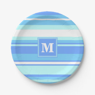 Monogram sky blue stripes paper plates
