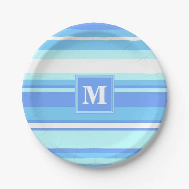 Monogram sky blue stripes paper plates (Front)