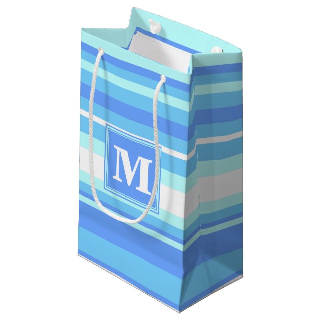 Monogram sky blue stripes small gift bag (Front Angled)