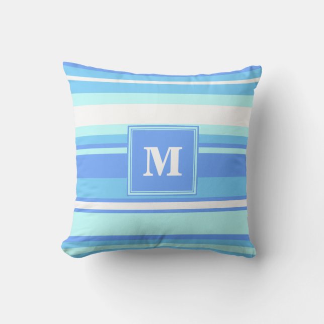 Monogram sky blue stripes throw pillow (Front)