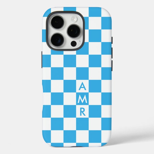 Monogram Sky Blue White Checkered Pattern Case-Mate iPhone Case (Back)