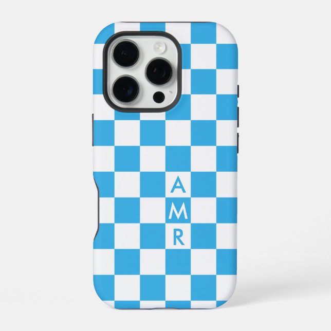 Monogram Sky Blue White Checkered Pattern Iphone Case (Back)
