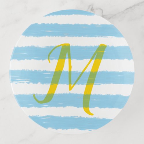 Monogram Sky Blue White Stripes Trinket Tray