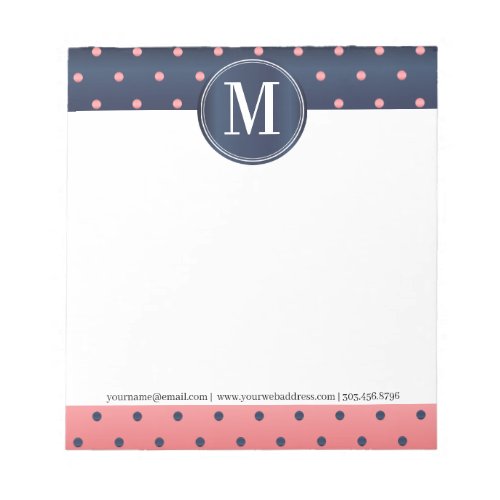 Monogram Slate Blue and Coral Polka Dots Notepad