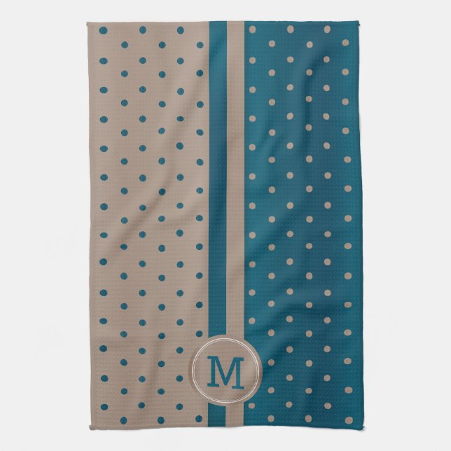 Monogram Slate Blue and Tan Polka Dot Kitchen Towel (Vertical)
