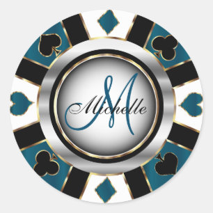 Monogram Slate Blue Casino Poker Chip Design Classic Round Sticker