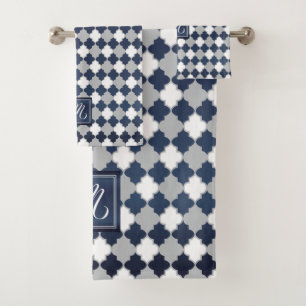 Monogram Slate Blue, Gray and White Quatrefoil Bath Towel Set