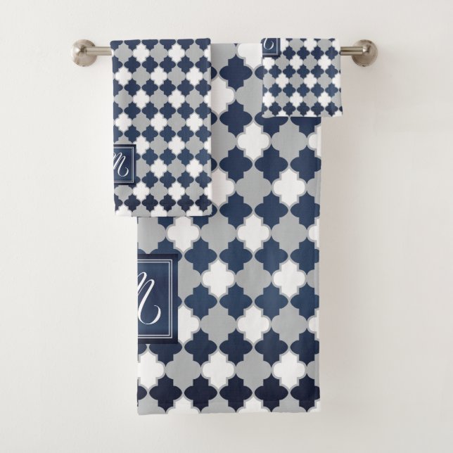 Monogram Slate Blue, Gray and White Quatrefoil Bath Towel Set (Insitu)