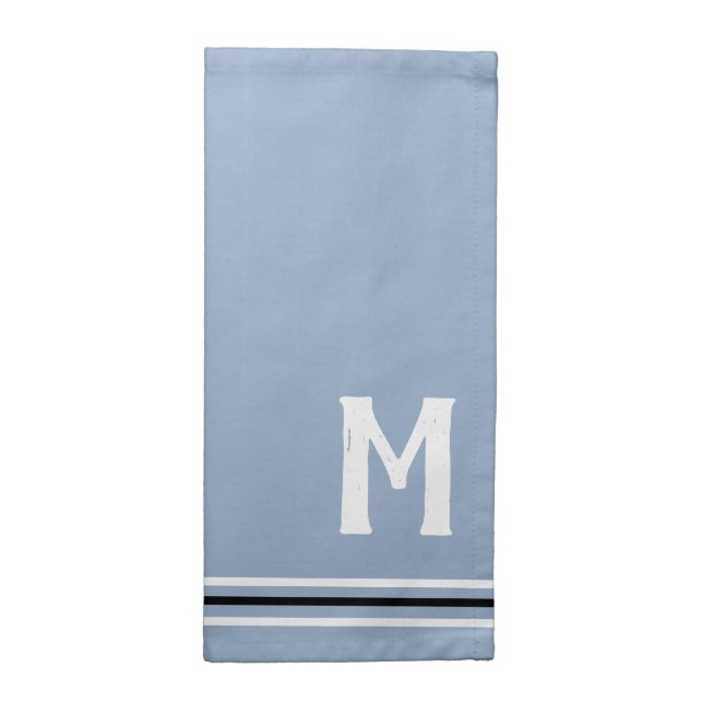 Monogram Slate Blue White Black Stripes Cloth Napkin (Half Fold)