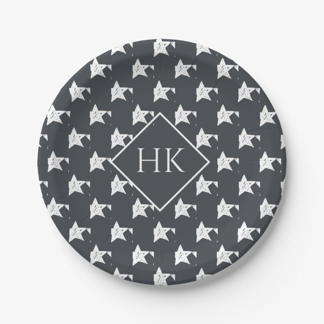 Monogram Slate Gray Charchoal White Star Pattern Paper Plates (Front)