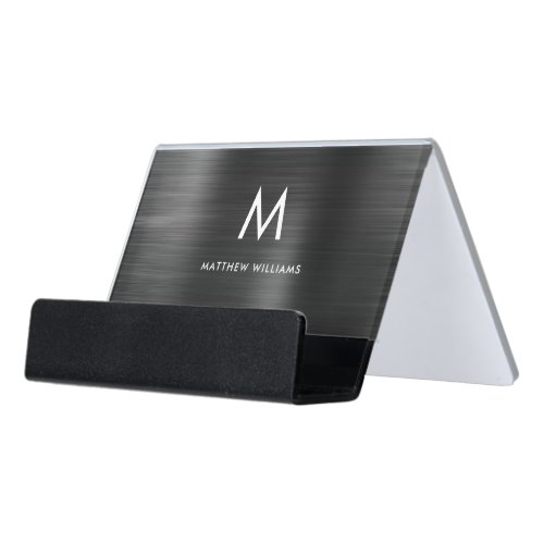 Monogram Sleek Black Faux Brushed Metal Desk Business Card Holder