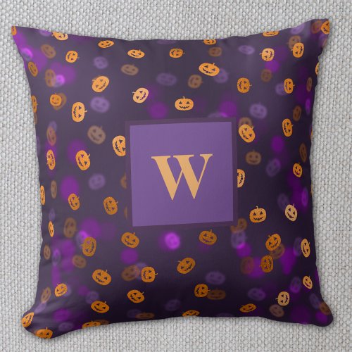 Monogram Smiling Happy Pumpkins Bokeh Halloween Throw Pillow