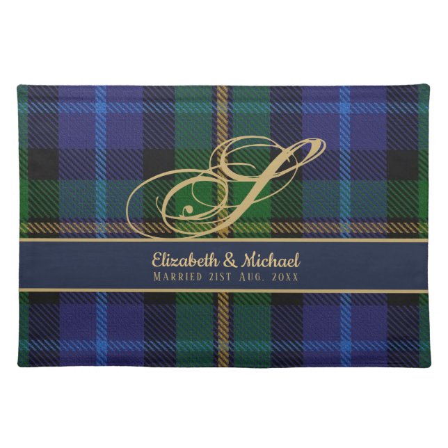 Monogram Smith Tartan Blue Green Gold Newlyweds Cloth Placemat (Front)