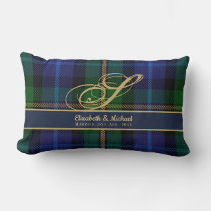 Monogram Smith Tartan Blue Green Gold Newlyweds Lumbar Pillow