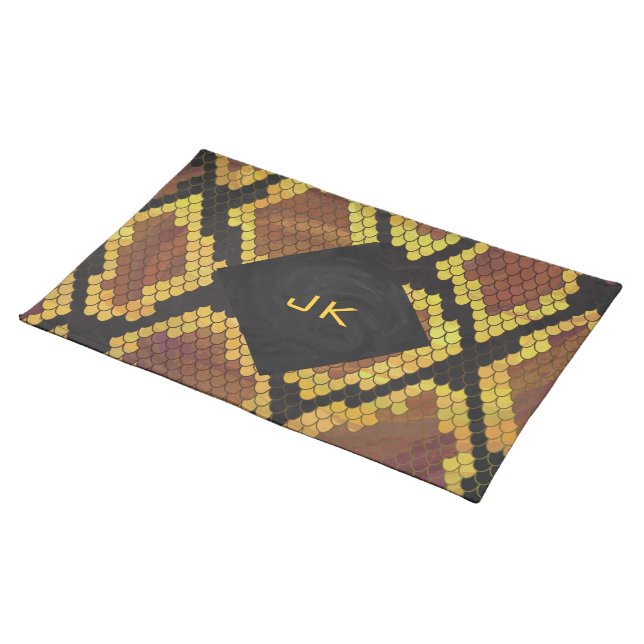 Monogram Snake Brown and Gold Print Cloth Placemat (On Table)