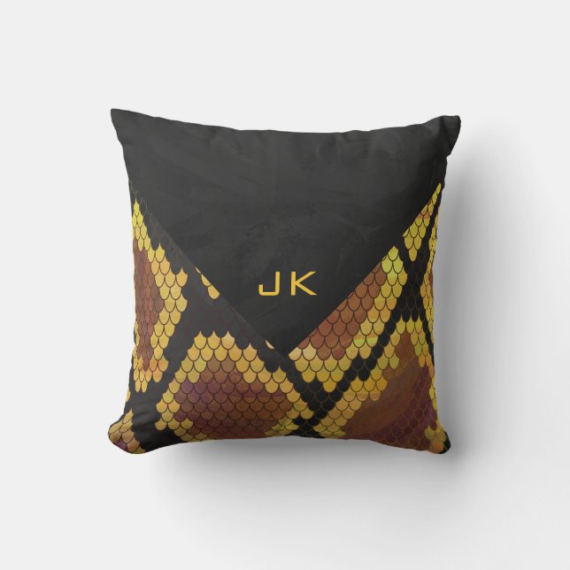 Monogram Snake Brown and Gold Print Throw Pillow (Front)