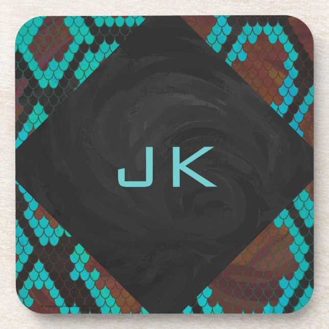 Monogram Snake Brown and Teal Print Drink Coaster (Front)